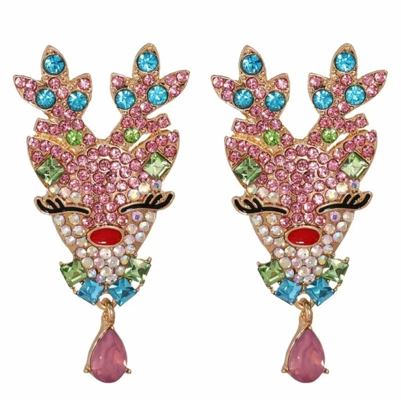 NWT Pink Christmas Reindeer Jeweled Hypoallergenic Earrings. - Picture 1 of 10